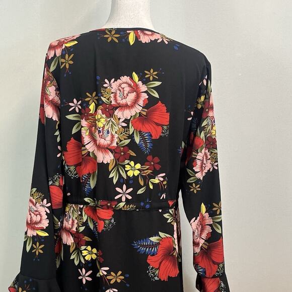 Boohoo Wrap Dress Plus size 16 Black Red Floral Ruffles Modest Wedding Church - Picture 11 of 13